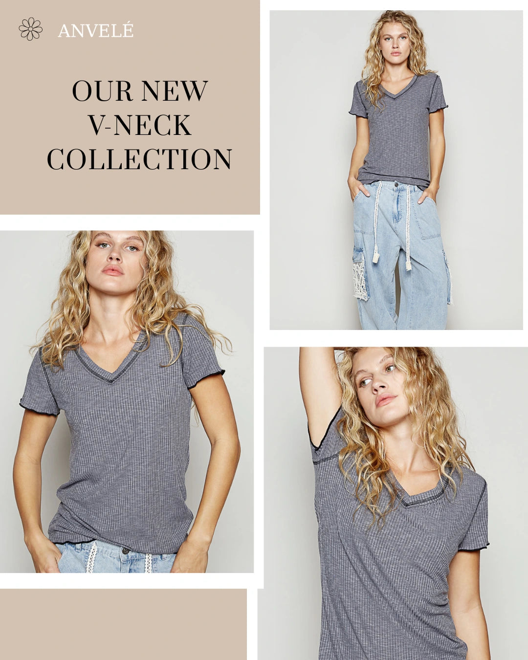 POL V-Neck Short Sleeve Ribbed T-Shirt with Contrast Overlock Stitching
